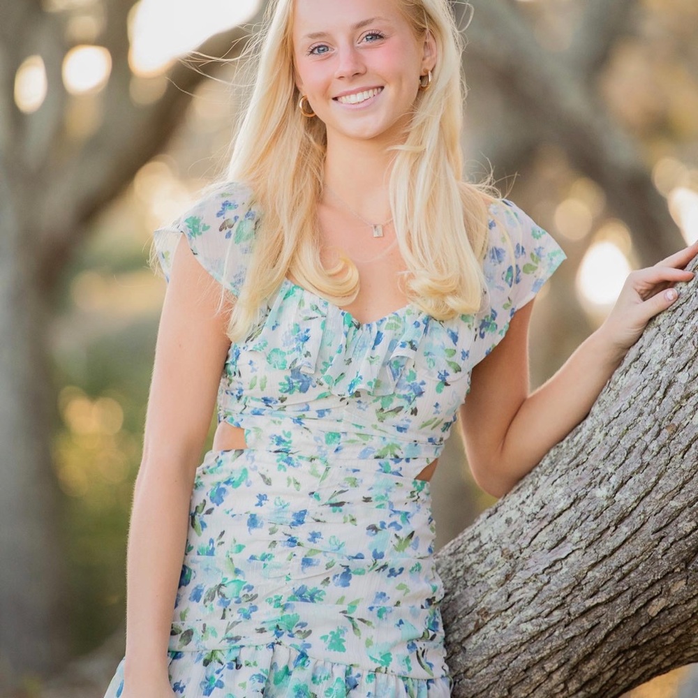 blue and green floral ruffle mini dress